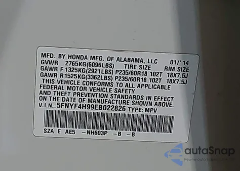 2014 Honda Pilot Touring from USA, damaged, VIN 5FNYF4H99EB022826